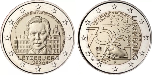 2 x 2 Euro Rollen Luxemburg 2025 - Schuman Erklärung + Thronbesteigung Henri - STGL