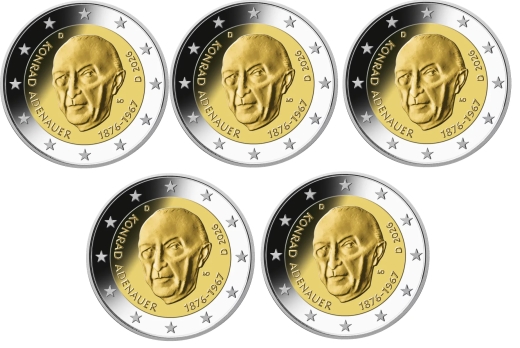 5 x 2 Euro BRD ADFGJ - Konrad Adenauer - Stempelglanz