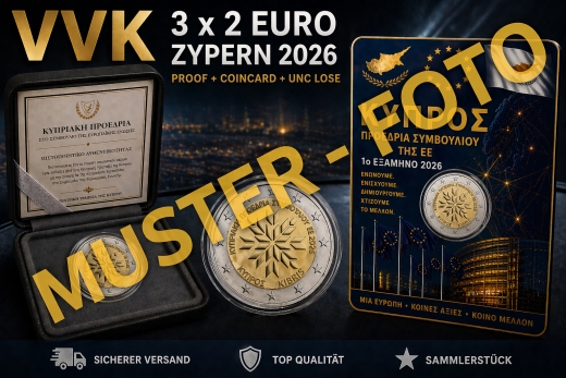 3 x 2 Euro Zypern 2026 - Präsidentschaft ( Proof + Coincard + Lose UNC )