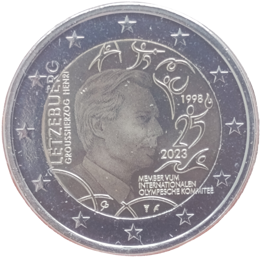 2 Euro Luxemburg 2023 - 25. Jahrestag der Aufnahme von Großherzog Henri in das IOC - Fotoversion im BU-Set
