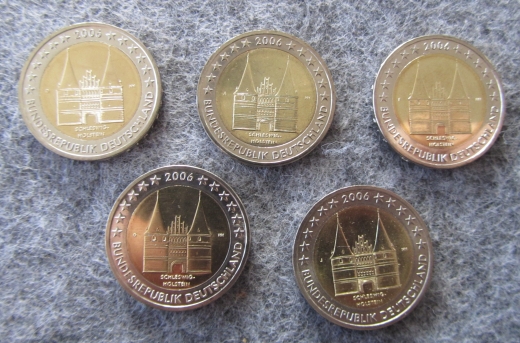 5 x 2 Euro BRD 2006 Sondermünzen Holstentor ADFGJ komplett bankfrisch aus der Rolle