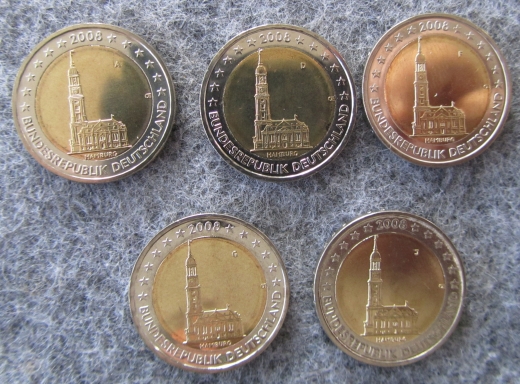 5 x 2 Euro BRD 2008 Sondermünzen Hamburger Michel ADFGJ komplett bankfrisch aus der Rolle