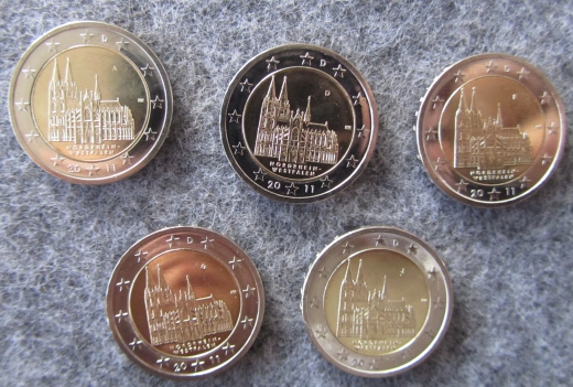 5 x 2 Euro BRD 2011 Sondermünzen Kölner Dom ADFGJ komplett bankfrisch aus der Rolle