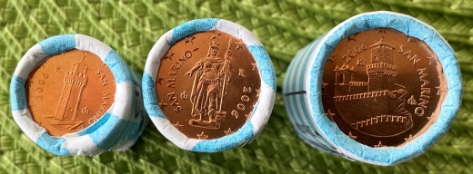 San Marino 2006  1c 2c 5c Kursmünzen in Minirollen mit je 20 Stück ungeöffnet