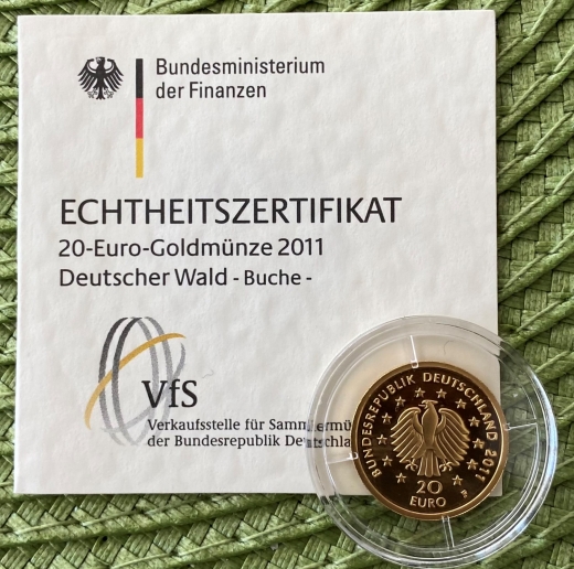 20€ Goldmünze 2011 Buche aus der Serie Deutscher Wald mit Zertifikat Prägung F