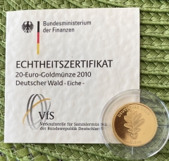 20€ Goldmünze 2010 Eiche aus der Serie Deutscher Wald mit Zertifikat Prägung G